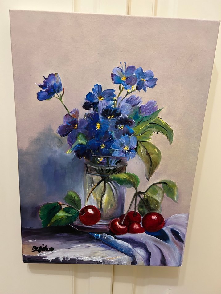 Koyu Mavi Çiçekler Yağlı Boya Tablo - Görsel 2