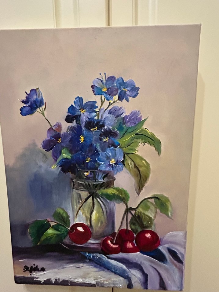 Koyu Mavi Çiçekler Yağlı Boya Tablo - Görsel 3