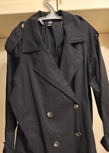 H&M Düğmeli Siyah Midi Koton Kadın Trençkot - Görsel 3