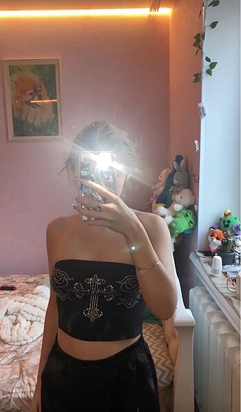 xs Beden siyah Renk PİNTEREST RHİNESTONE CHRİSS CROP TOP