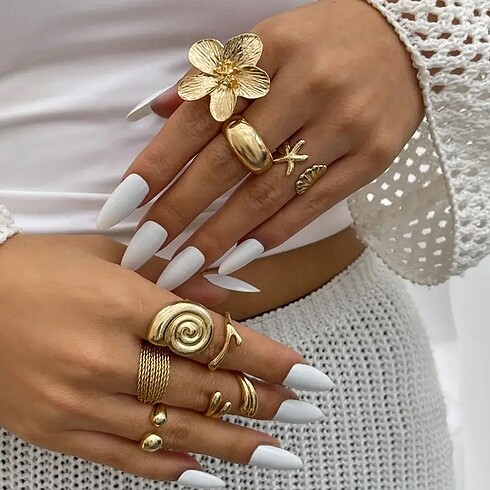 Beden altın Renk PİNTEREST TREND GOLD FLOWER YÜZÜK SETİ