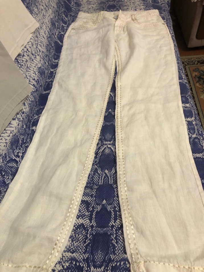 Nakışlı Beyaz Keten Kadın Pantolon - Görsel 2