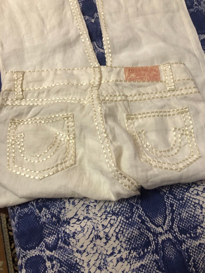 Nakışlı Beyaz Keten Kadın Pantolon - Görsel 4