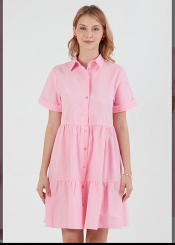 Pembe Mini Pamuklu Fırfırlı Elbise