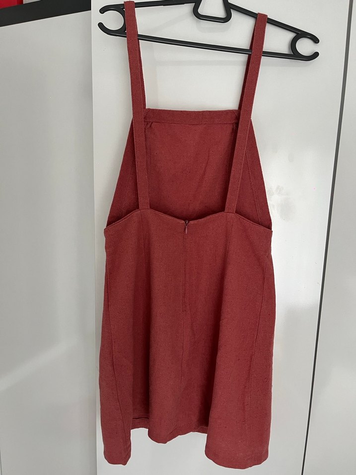 Pembe Keten Midi Askılı Elbise salopet - Görsel 3