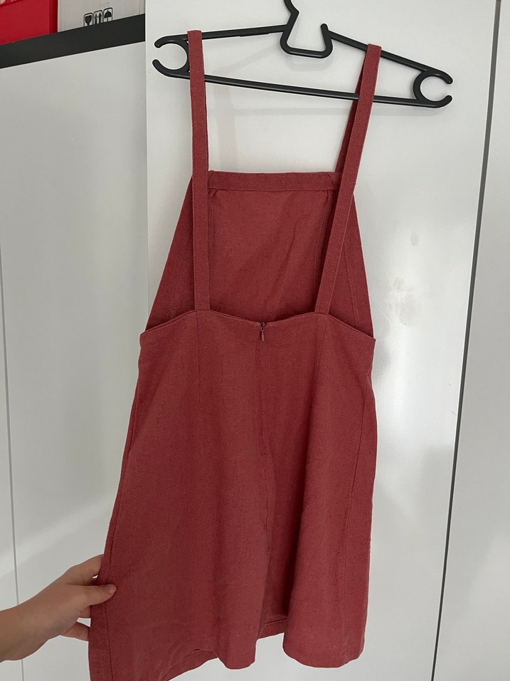 Pembe Keten Midi Askılı Elbise salopet - Görsel 2