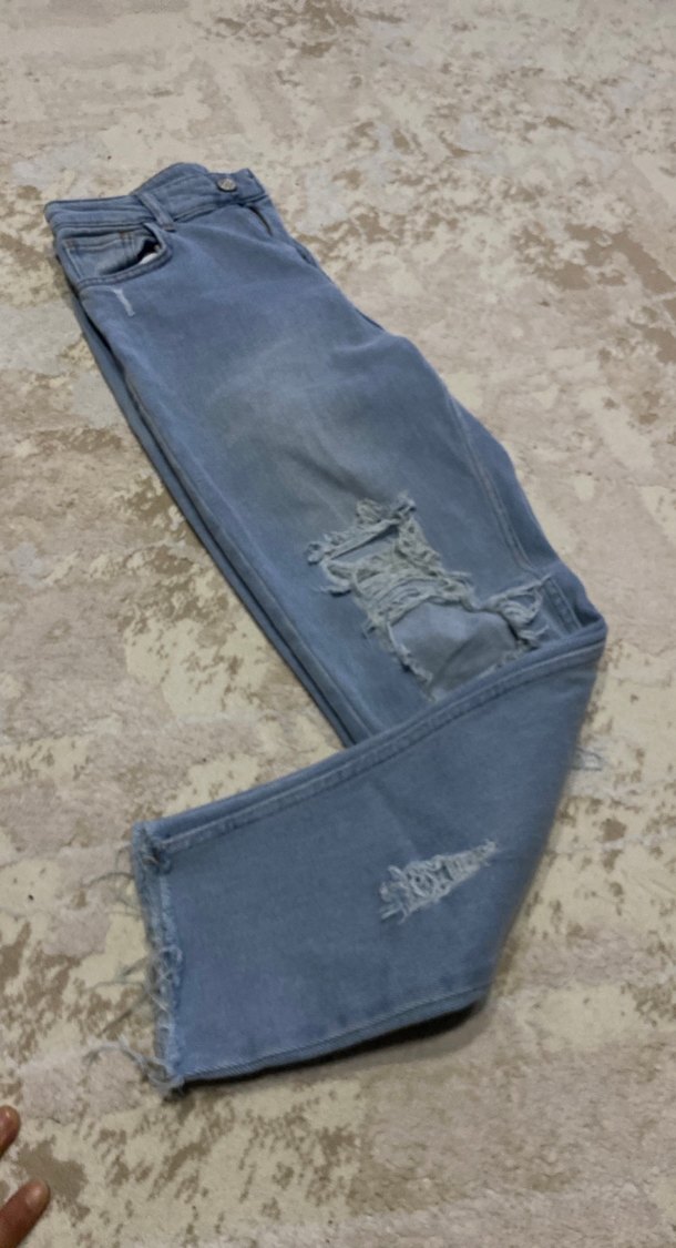 Kadın Gri Mavi Yırtık Salaş Kot Pantolon - Görsel 5