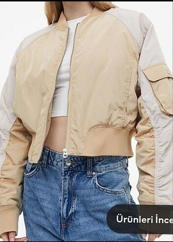 Bej rengi crop bomber ceket tertemiz kusursuz