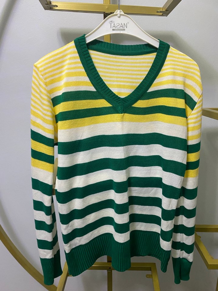 Renkli Çizgili V Yaka Kadın Kazak - Görsel 2