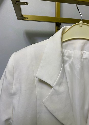 Beyaz Keten Mini Kadın Blazer Ceket - Görsel 4