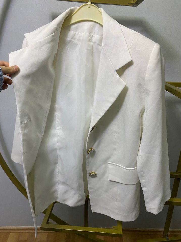 Beyaz Keten Mini Kadın Blazer Ceket - Görsel 2