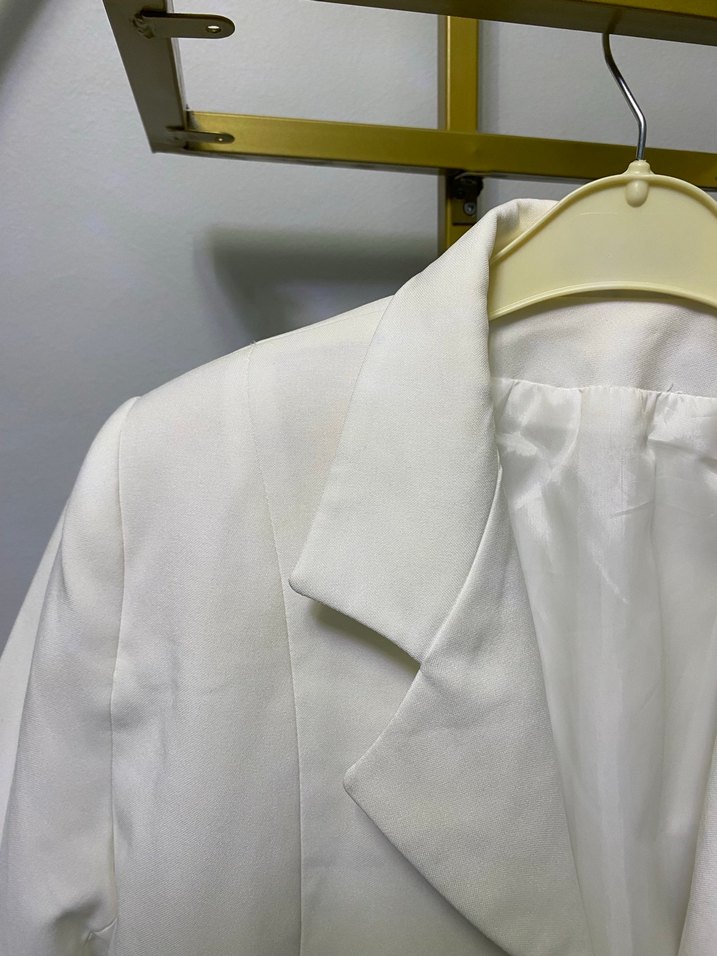 Beyaz Keten Mini Kadın Blazer Ceket - Görsel 4