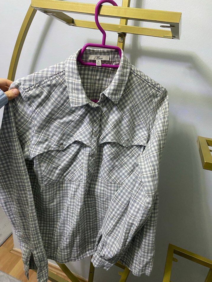 Gri Kareli Düğmeli Kadın Gömlek - Görsel 2