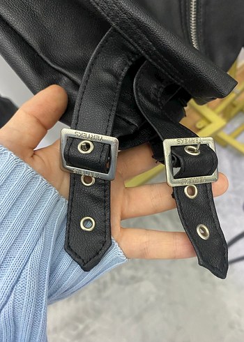 Kadın Siyah Deri Biker Ceket - Görsel 6