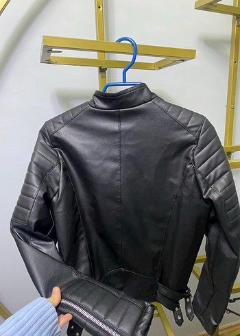 Kadın Siyah Deri Biker Ceket - Görsel 2