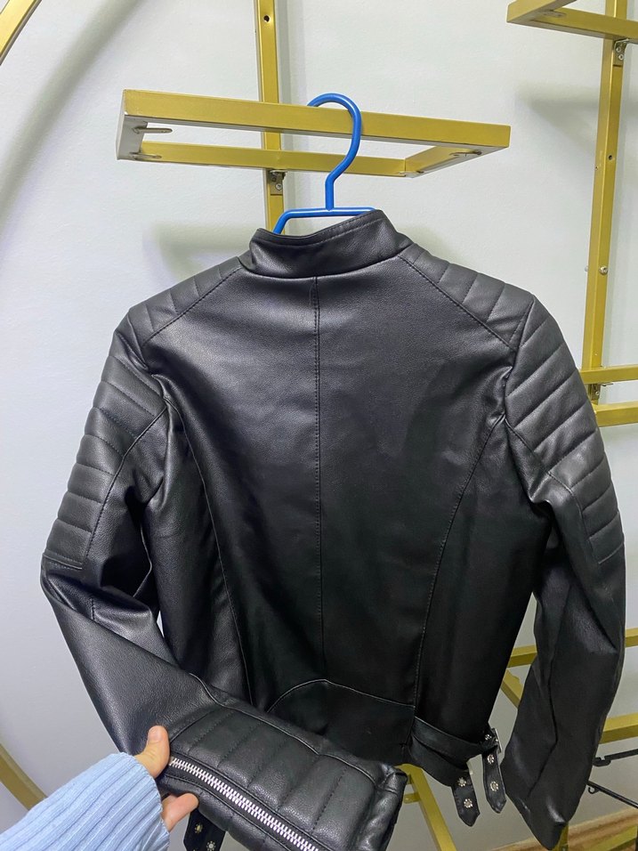 Kadın Siyah Deri Biker Ceket - Görsel 2