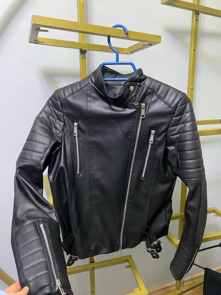 Kadın Siyah Deri Biker Ceket - Görsel 4