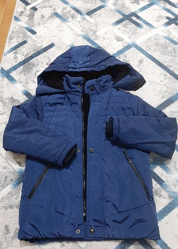 Koyu Mavi erkek çocuk Midi Kaban Kürklü Kapüşonlu - Görsel 2