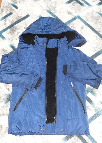 Koyu Mavi erkek çocuk Midi Kaban Kürklü Kapüşonlu - Görsel 3