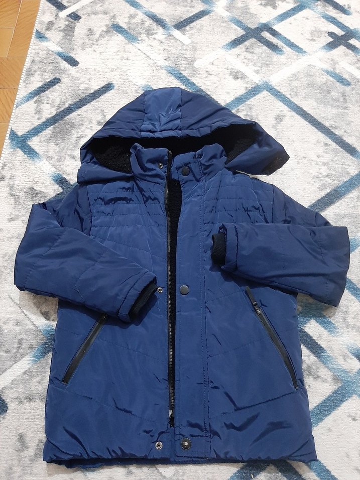 Koyu Mavi erkek çocuk Midi Kaban Kürklü Kapüşonlu - Görsel 2