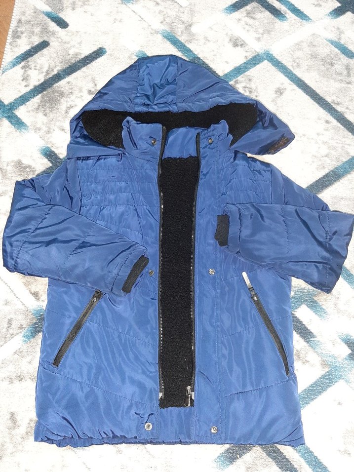 Koyu Mavi erkek çocuk Midi Kaban Kürklü Kapüşonlu - Görsel 3