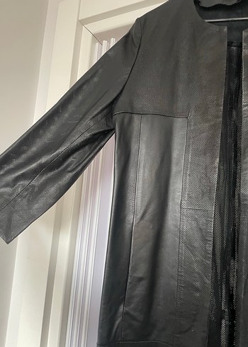 Uzun Siyah Deri Kadın Ceket - Görsel 2