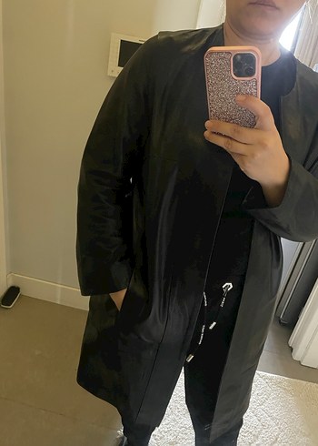 Uzun Siyah Deri Kadın Ceket - Görsel 10