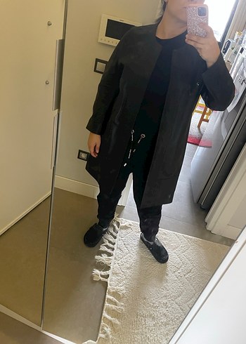 Uzun Siyah Deri Kadın Ceket - Görsel 8