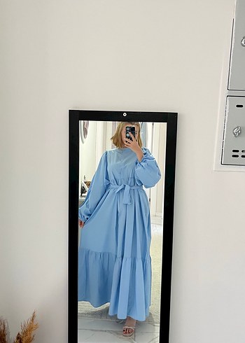 Zara Mavi Uzun Kol Pamuklu Salaş Elbise