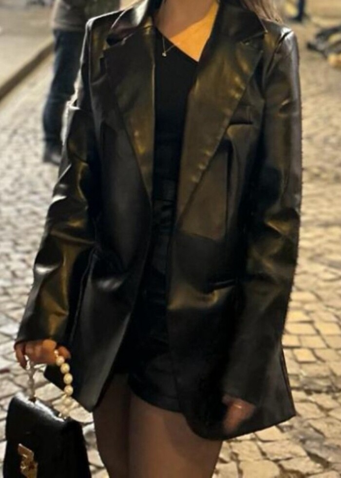 Deri siyah blazer ceket - Görsel 3