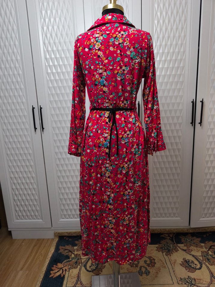 Bordo Çiçekli Uzun Kollu Bohem Elbise - Görsel 3