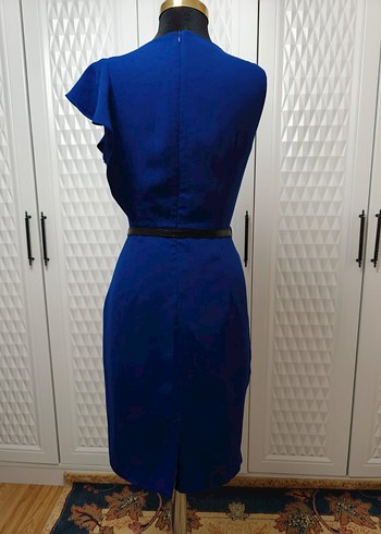 Kemer Detaylı Klasik Mavi Midi Kalem Elbise - Görsel 3