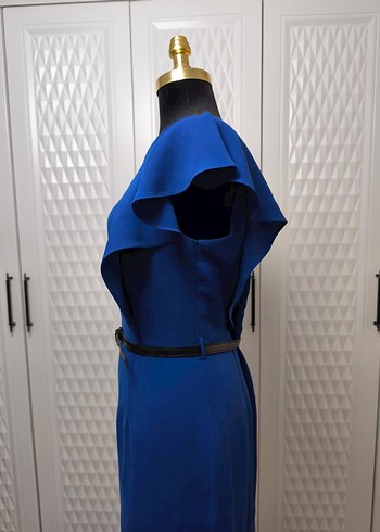 Kemer Detaylı Klasik Mavi Midi Kalem Elbise - Görsel 2