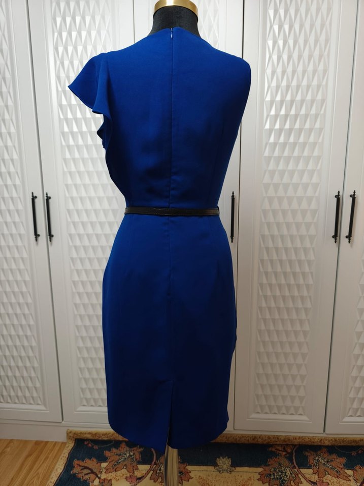 Kemer Detaylı Klasik Mavi Midi Kalem Elbise - Görsel 3