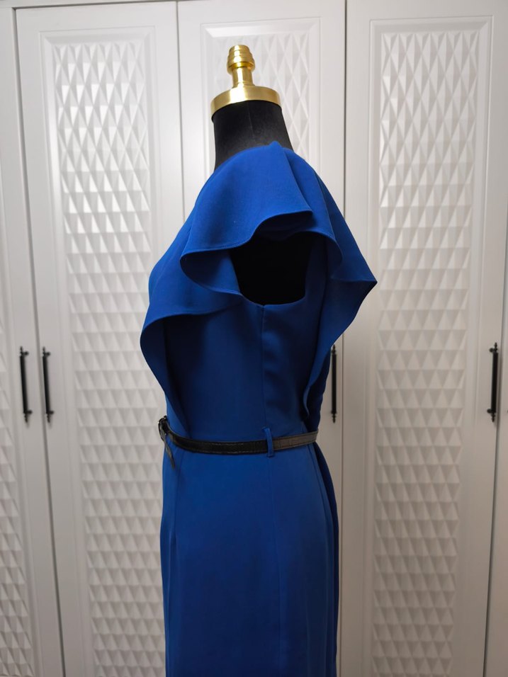 Kemer Detaylı Klasik Mavi Midi Kalem Elbise - Görsel 2