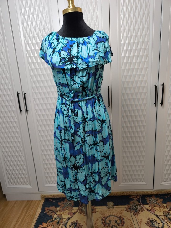 Mavi Bağlamalı Straplez Uzun Elbise - Görsel 4