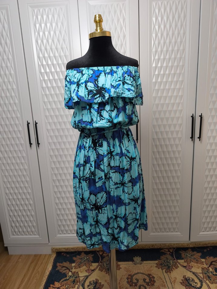 Mavi Bağlamalı Straplez Uzun Elbise - Görsel 2