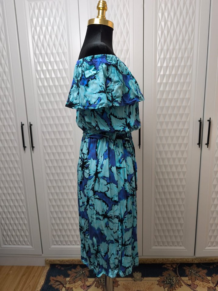 Mavi Bağlamalı Straplez Uzun Elbise - Görsel 3