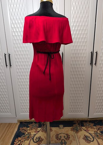 Kırmızı Drapeli Uzun Straplez Elbise - Görsel 3