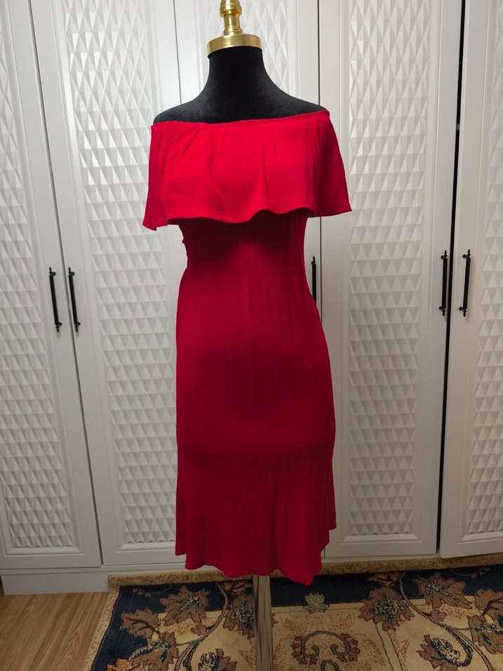 Kırmızı Drapeli Uzun Straplez Elbise - Görsel 2