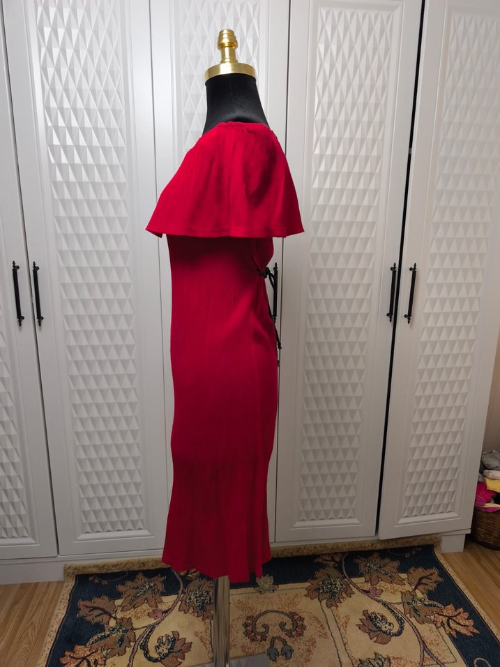 Kırmızı Drapeli Uzun Straplez Elbise - Görsel 4
