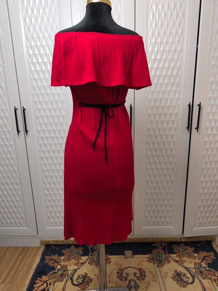 Kırmızı Drapeli Uzun Straplez Elbise - Görsel 3