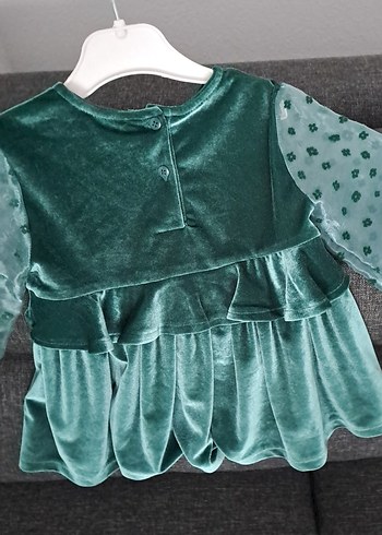 Kız Çocuk kadife Yeşil Fırfırlı Uzun Kollu Elbise - Görsel 2