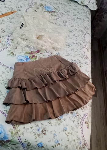 Kahverengi Süet Volanlı Mini Etek