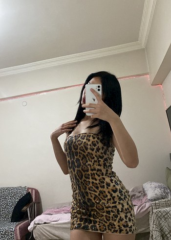 s Beden Leopar Desenli Parlak Mini Elbise