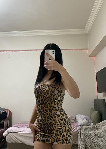 s Beden kahverengi Renk Leopar Desenli Parlak Mini Elbise