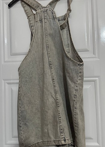 Gri Denim Kısa Askılı Midi Salopet - Görsel 2