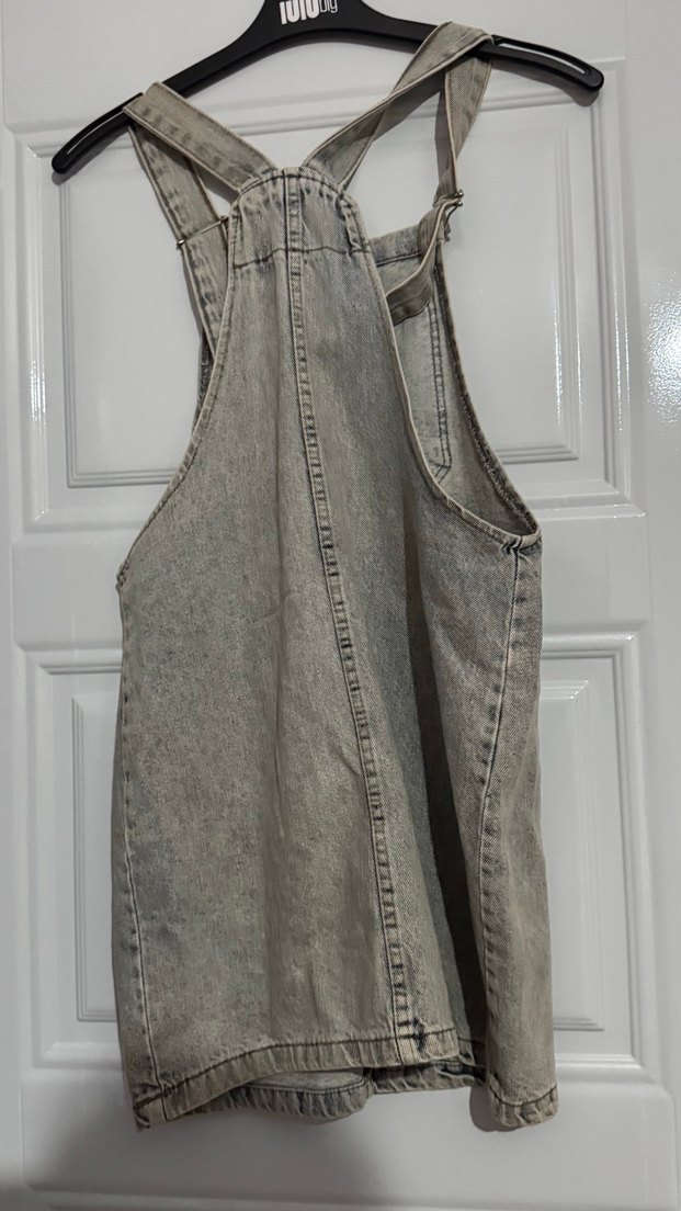 Gri Denim Kısa Askılı Midi Salopet - Görsel 2