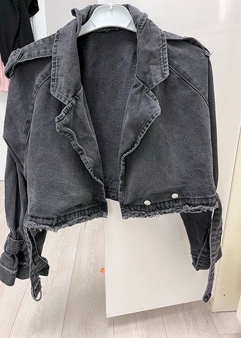 Kadın Gri Kemerli Kısa Denim Ceket
