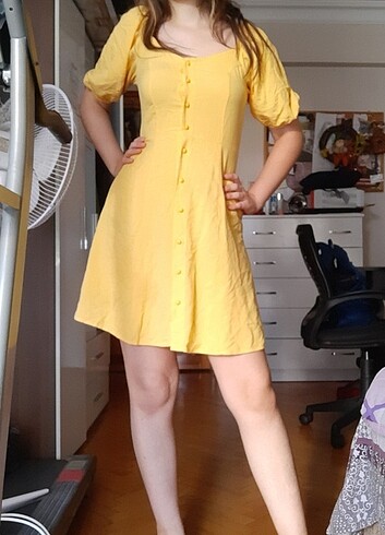 s Beden sarı Renk Sarı kısa prenses elbise kare yaka balon kol vintage fairycore